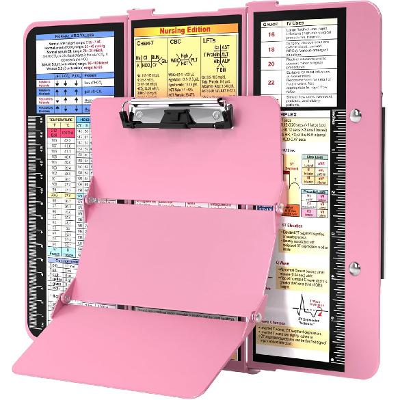 Nursing Clipboard Foldable, Foldable Clip Board w/Nursing Edition Cheat Charts, 3 Layers Aluminum, Nurse Clipboards w/Low Profile Clip & Pen Clip