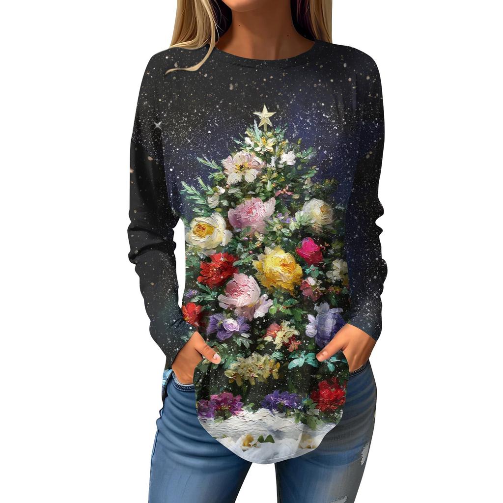 Naiste T-särgid Vabaaja Ümara kaelusega Pikkade varrukatega Särgid Jõulud Prindiga Top Pullover