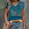 Women's T-shirt Casual Loose  Clothing Cat Pattern Top Summer New Fashion V-neck