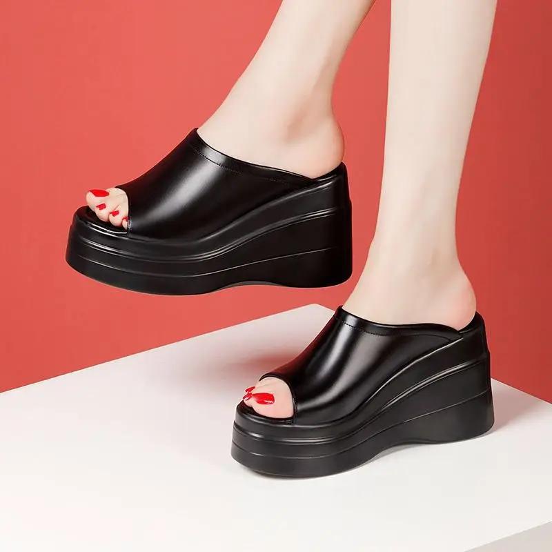9.5cm Small Size 32-43 Comfortable Chunky Platform Shoes Genuine Leather Slippers 2025 High Heels Wedges Slides Office Model