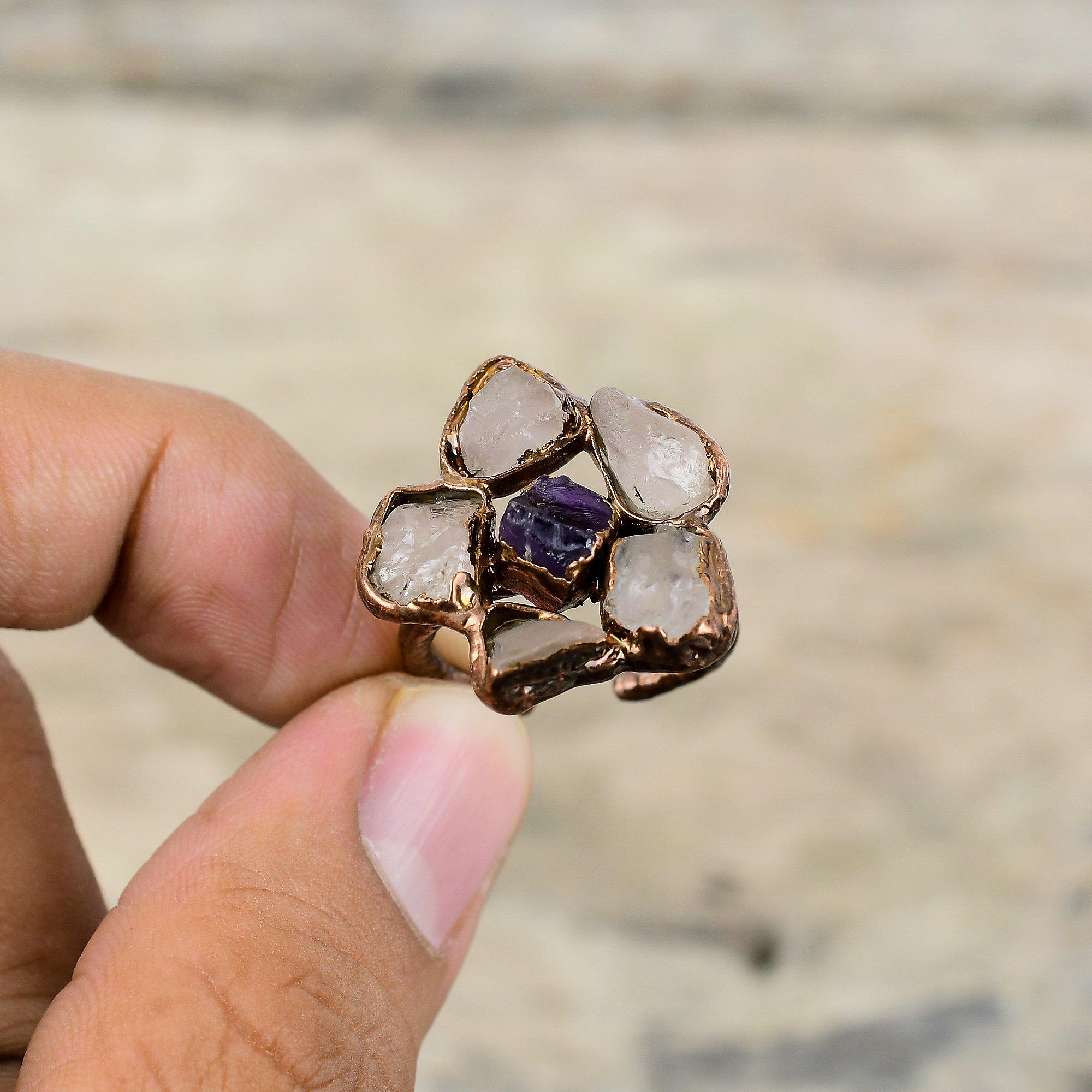 

Кольцо из розового кварца, грубое кольцо из африканского аметиста, электроформованное медное кольцо, регулируемое кольцо, ювелирное изделие из натурального драгоценного камня, кольцо ручной работы для подарка Adjustable