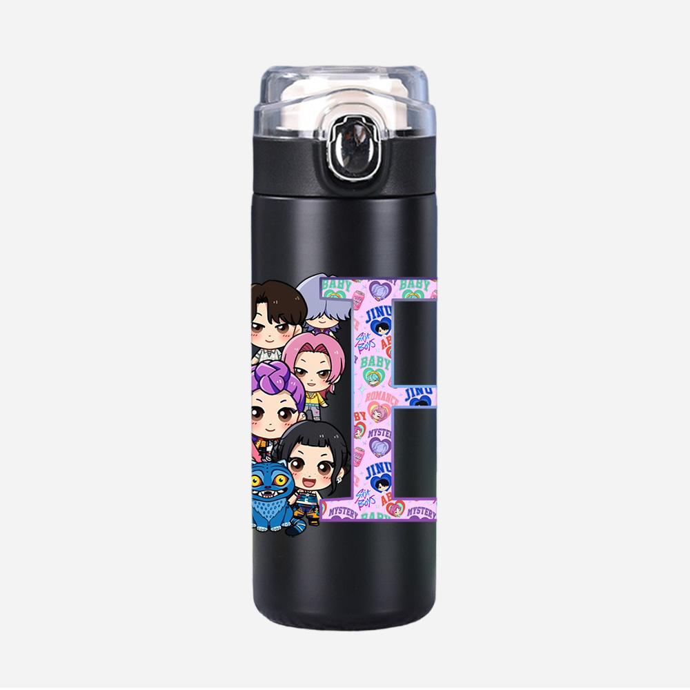 26 English Letter K-Pop Demon Hunters Printed 400Ml Water Bottle Thermos Cup Portable Stainless Steel Leak Proof Camping Water Cup Kid Gifts