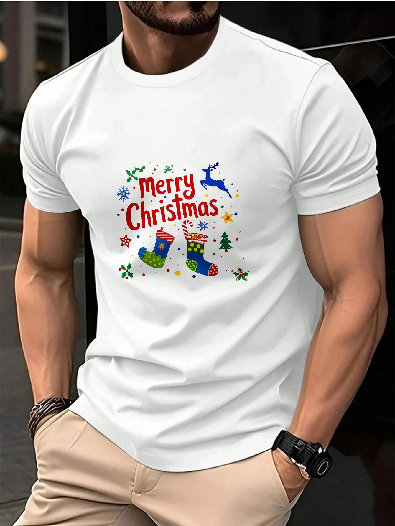 Mens TShirt Black Merry Christmas Socks Reindeer Printed Pattern High Quality Cotton S