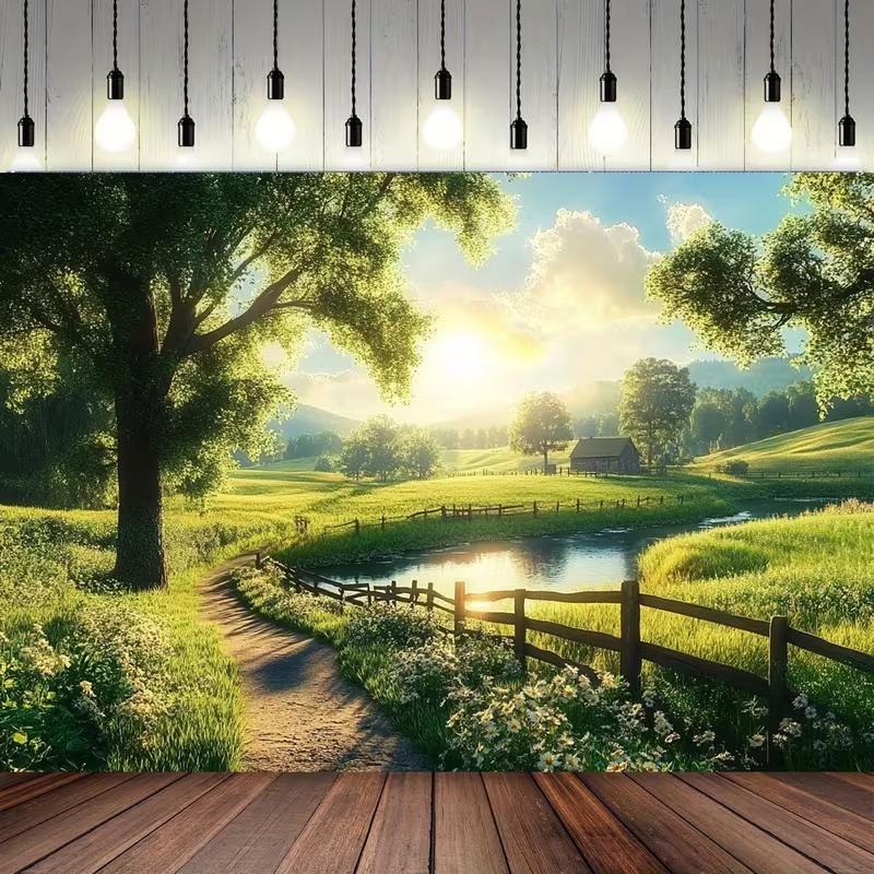 

2D Summer Countryside Backdrop, Bright Meadow Farm Background for Outdoor Themed Events & Studio 47.2x31.5inch/120*80cm