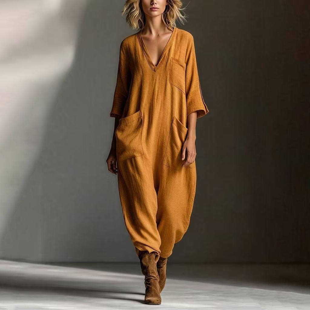 Women's Fashionable And Casual Buttoned V-neck Half Sleeve Pocket Jumpsuit