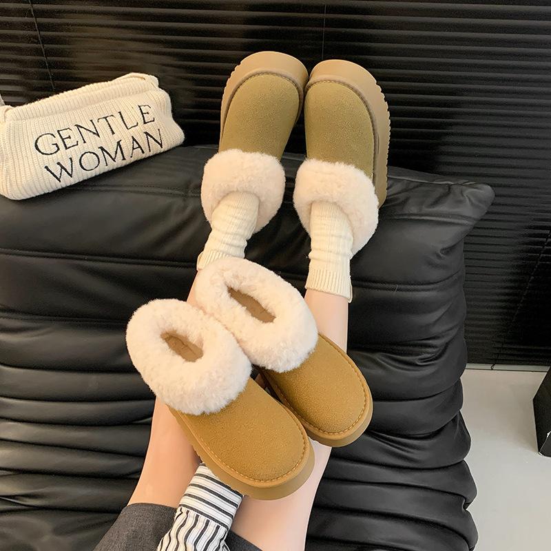 Women's Plush Mouth Large Size Thick Bottom Heightening Winter Warm Fur One Snow Boots Padded Lined Ankle Boots Non-slip Hiking Sneakers Cotton Boots