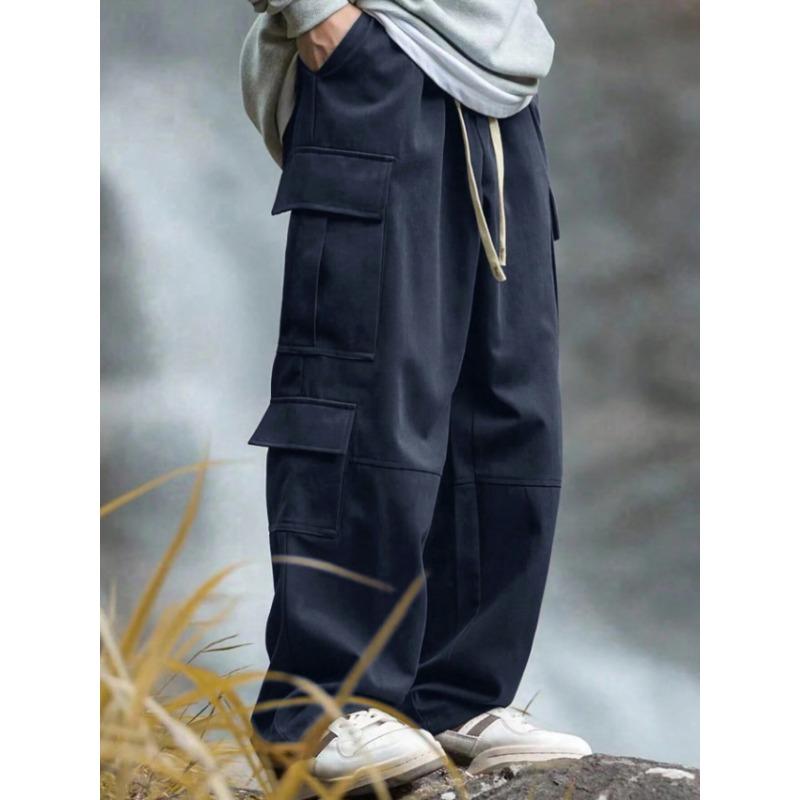 Macacão Novo de Perna Reta para Homens Splicing ao Ar Livre Design Solto Calças com Múltiplos Bolsos