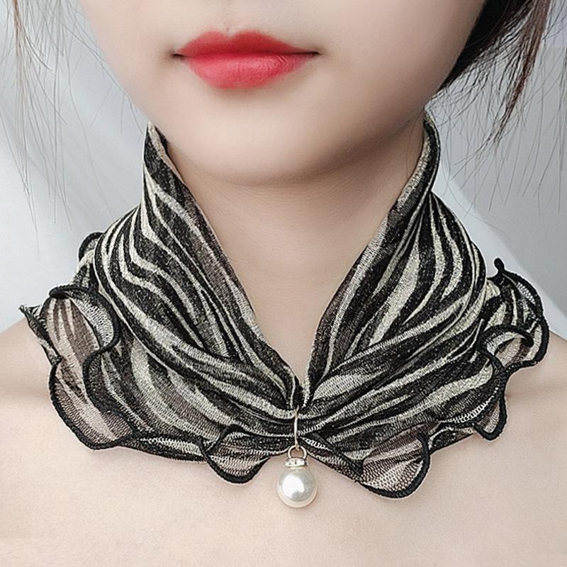 Fake Pearl Pendant Organza Neck Collar Chiffon Scarves Lace Pearls Scarf Fashion Print Shiny Variety Scarf Clothing Accessories