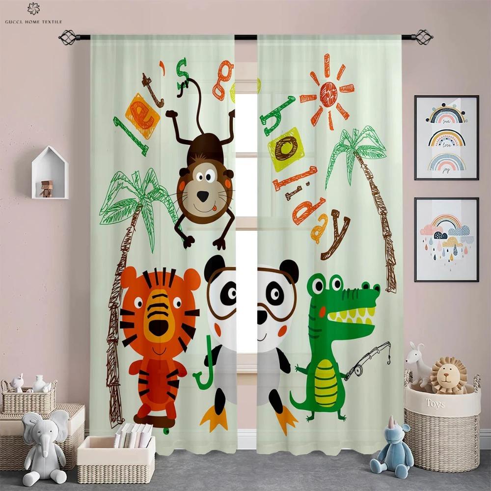 Perdele cu Imprimeu Desene Animate Animale din Pădure pentru Copii, Fibră Poliesterică, Cameră Copii, Birou, Dormitor, Decorative, 2 Buc.