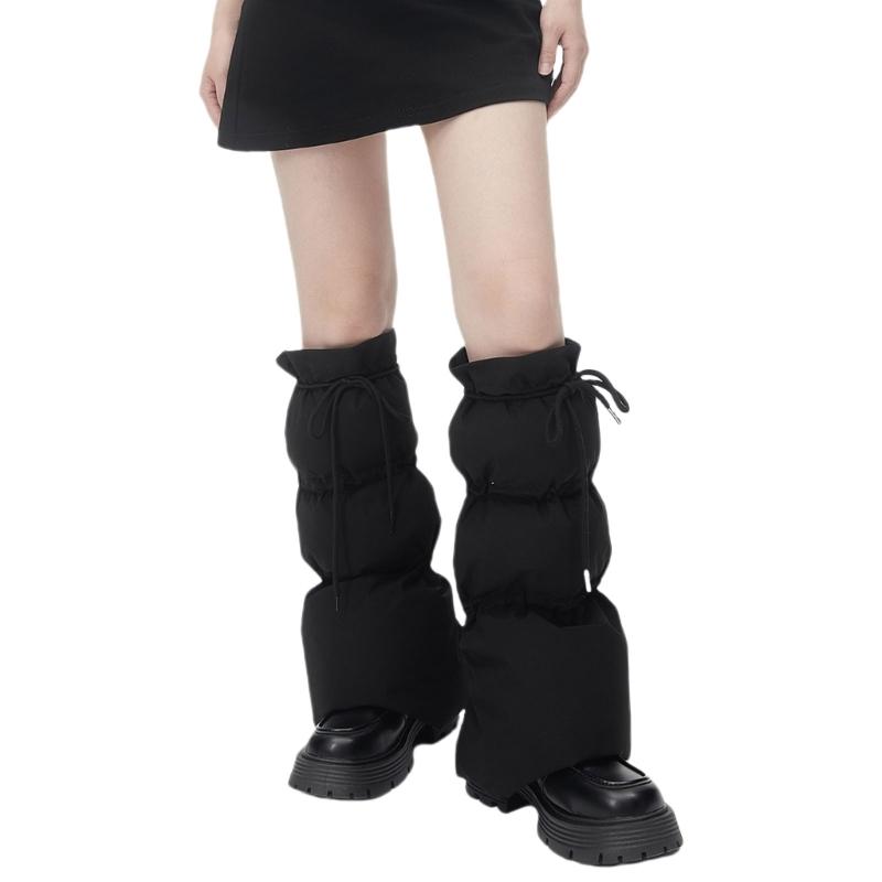 Women Winter Padded Puffer Leg Warmers for Outdoor Work and Sports Adjustable Drawstring Flared Boot Covers Long Socks
