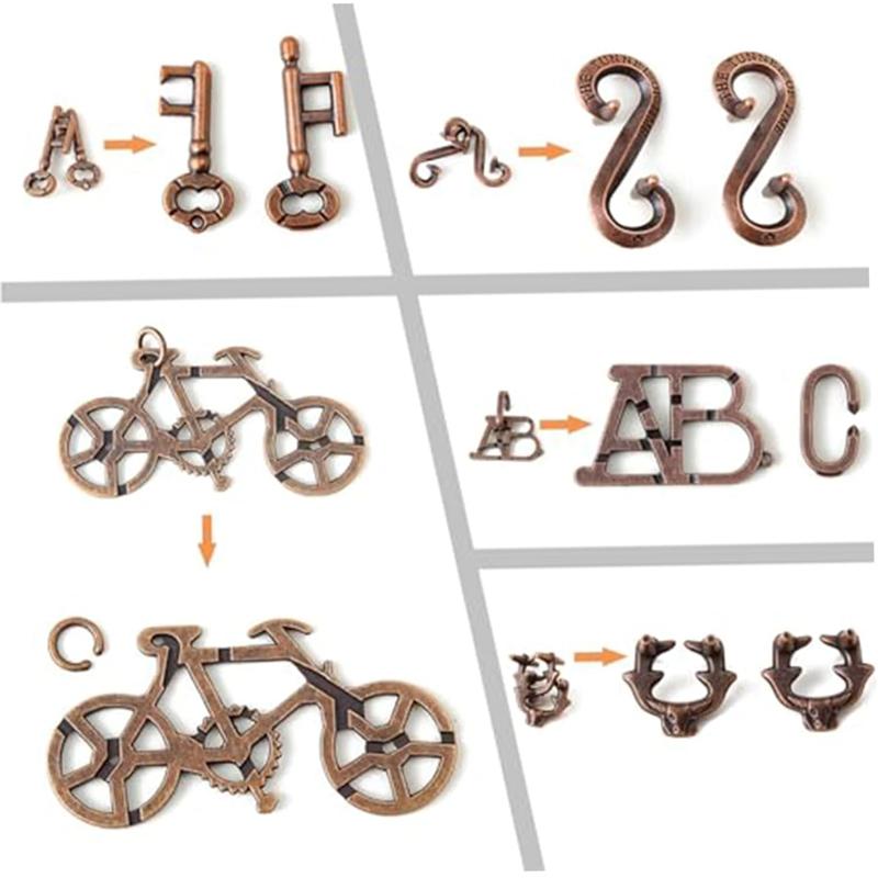 Retro Magic IQ Metal Brain Teaser Puzzles Set 5PCS Unlock Interlock Game Mind Logic & Skill Development Educational Toys