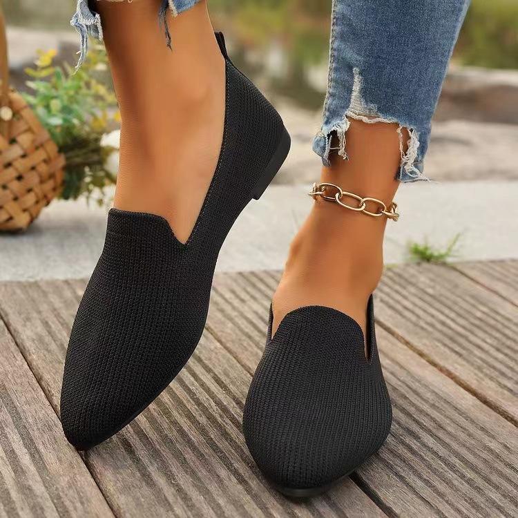 European and American large-size pointed fly-woven flat-soled single shoes, women's one-pedal shallow-mouth breathable four-season work shoes