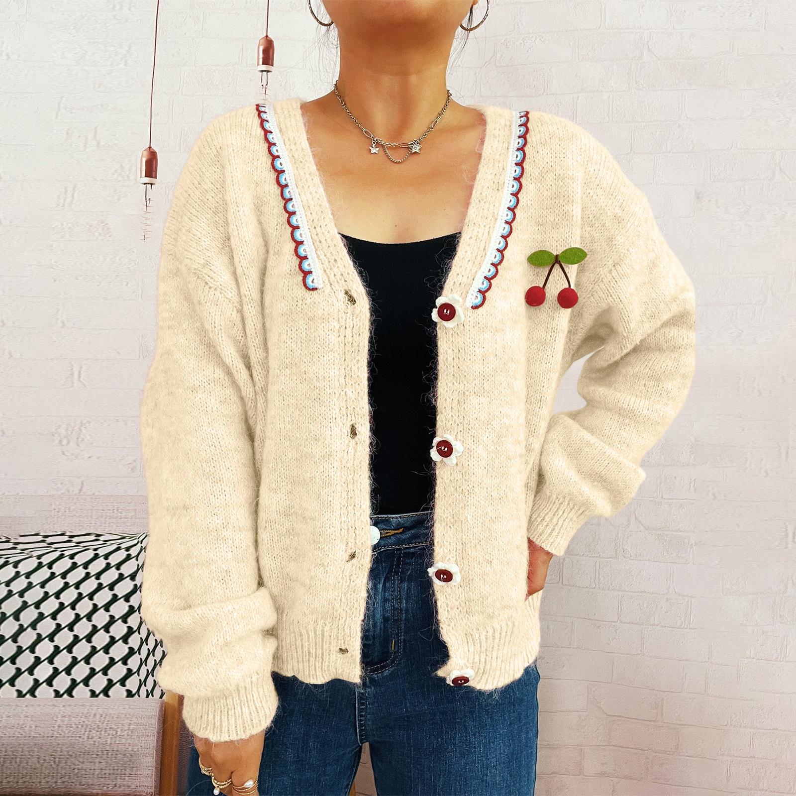 

Women s Fashionable Casual Cute Wave V-neck Decoration Flower Button Knit Cardigan Sweater Jacket S