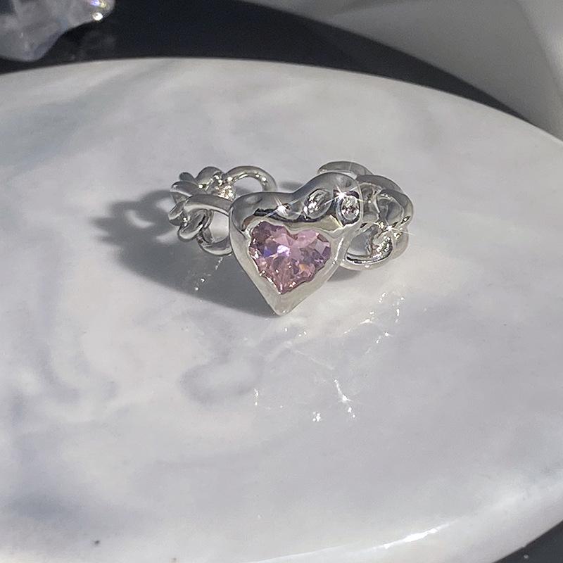 Sweet Pink Diamond Heart Adjustable Ring - Cool, Elegant, Inlaid Gems, High-End Design