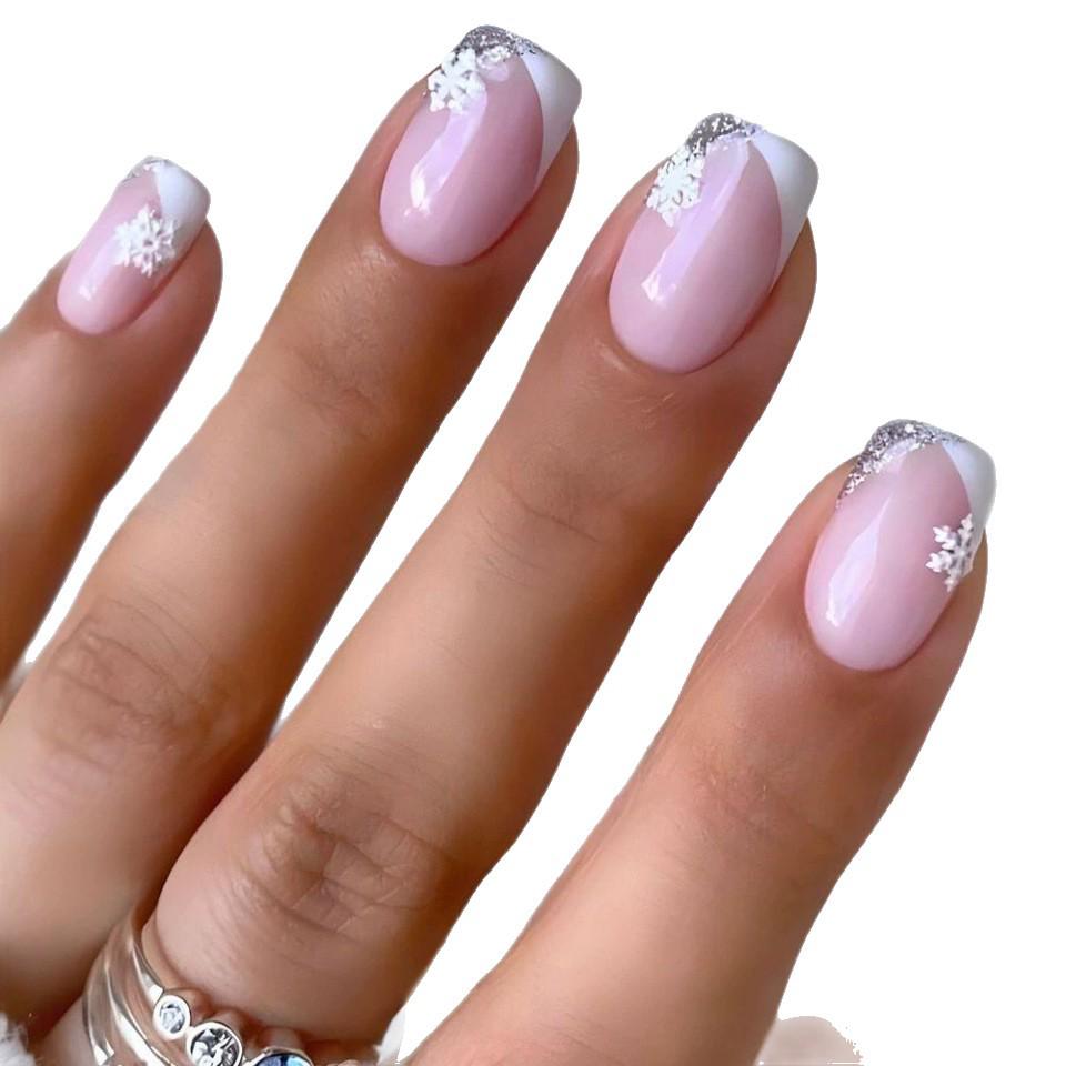 European & American Christmas Style: 24-Piece French Glitter Snowflake Medium-Length Nails for Christmas Season