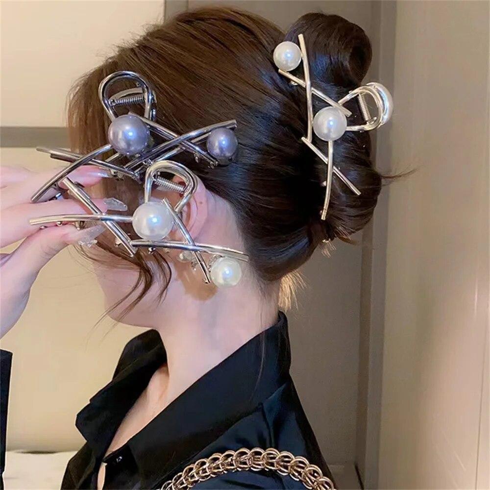 

Жемчужный Х-образный металлический коготь для волос, полые заколки для волос, заколки в виде крабов, головные уборы, заколка для волос, заколка для женщин, хвост, аксессуары для волос
