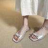 Bow flat silver wedge heels slippers girls school slippers new one-word satin square head summer