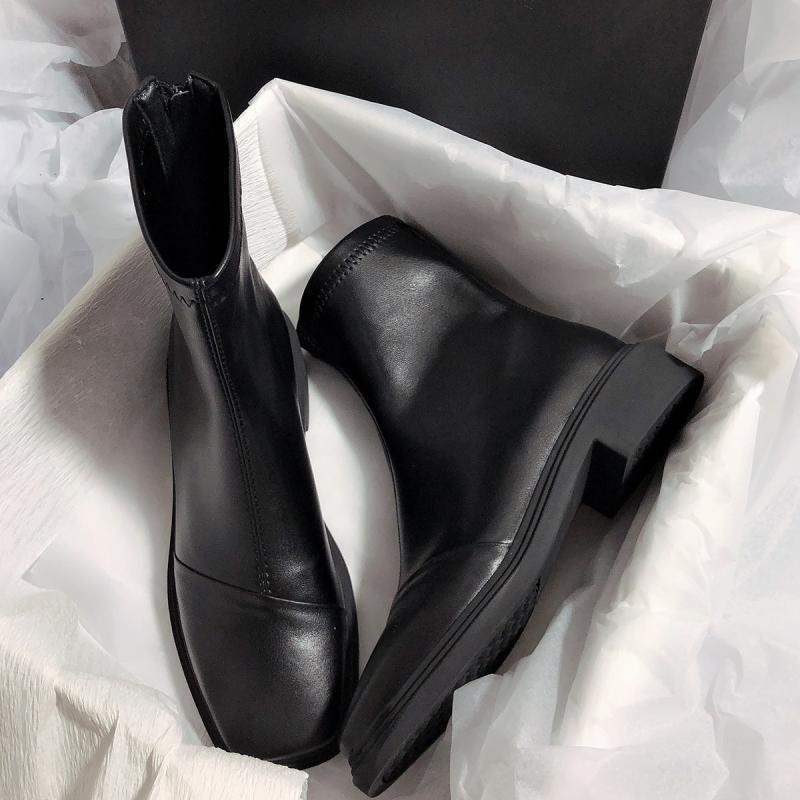 2025 autumn and winter new flat-bottomed square-headed thick-heeled elastic boots simple and versatile fashion French thin short boots women