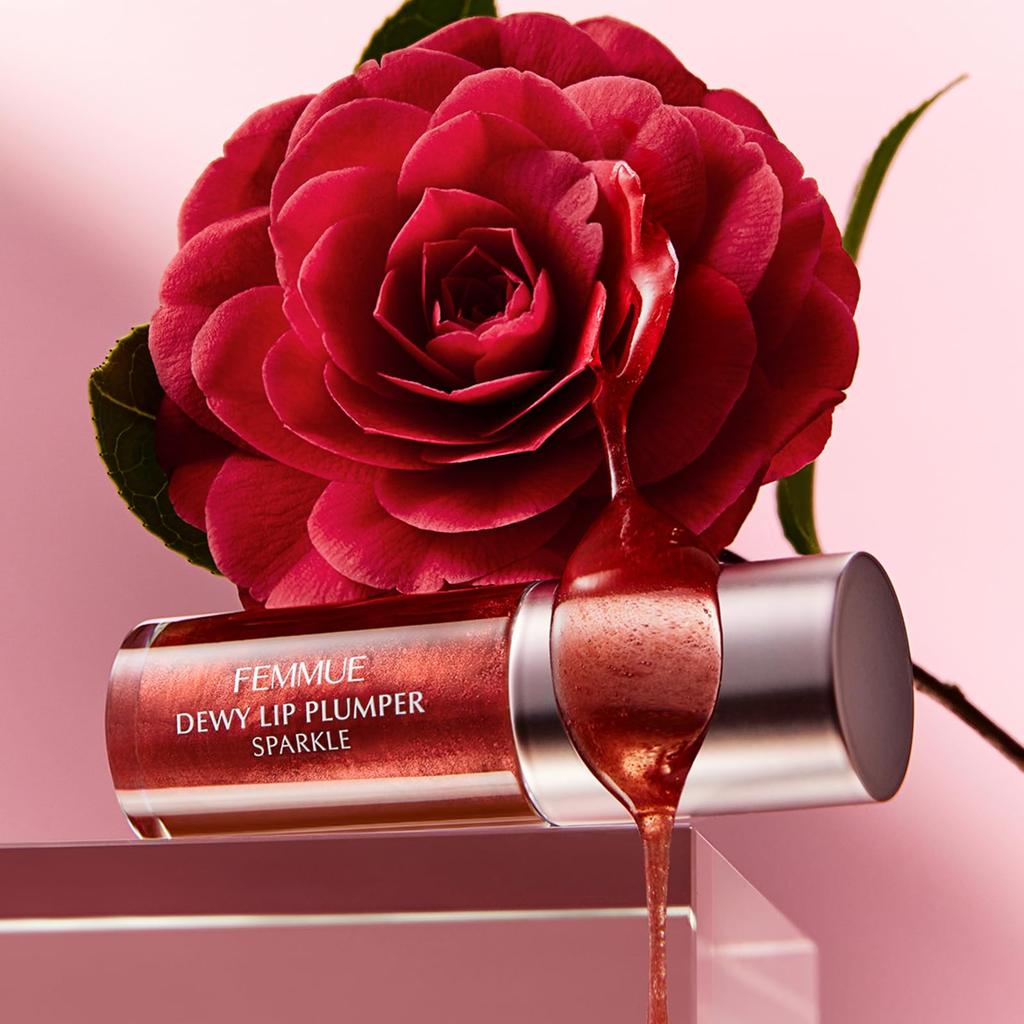 FEMMUE Błyszczyk do ust: Wypełnij i Nawilż dla Przejrzystych, Naturalnie Błyszczących Ust. Błyszczyk powiększający usta Dewy Sparkle. Oryginalny japoński produkt. Kamelia.