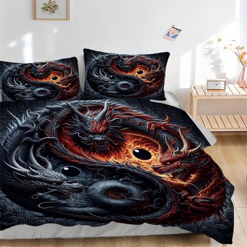 3pcs The Epic Battle of Red and Black Dragons Printed Quilt Set - Soft and Comfortable Quilt Cover for Bedroom, Guest Room and Dormitory Decorati