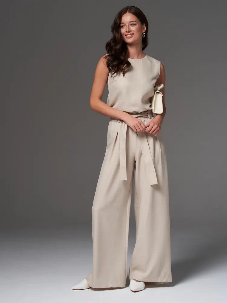 2026 Russian Women's Spring/Summer Sleeveless Solid Color Wide-Leg Pants 2-Piece Set