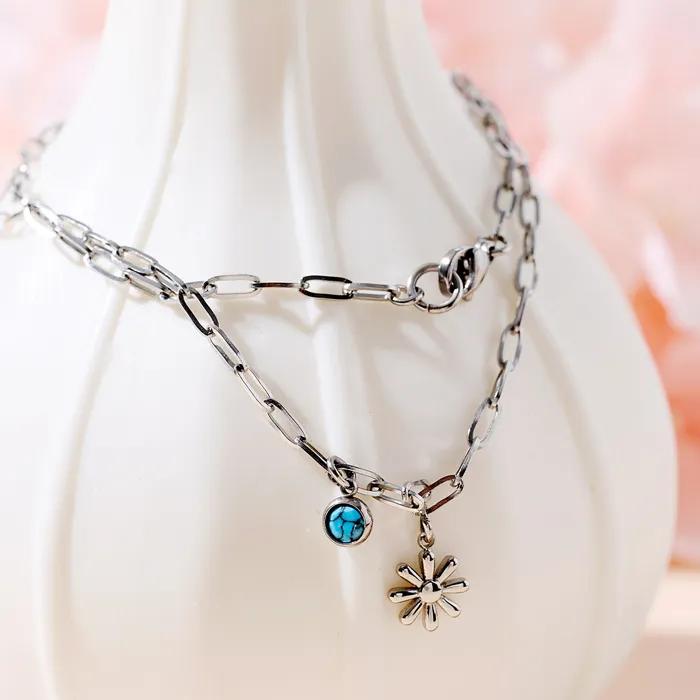 Surgical Link Chain Mini Flower Turquoise Charm Necklace (PLT-NL-033_SV)