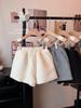 2025 Herbst/Winter Koreanischer Stil Lammwolle High-Waist Schlankmachende Weitbeinige Shorts für Damen