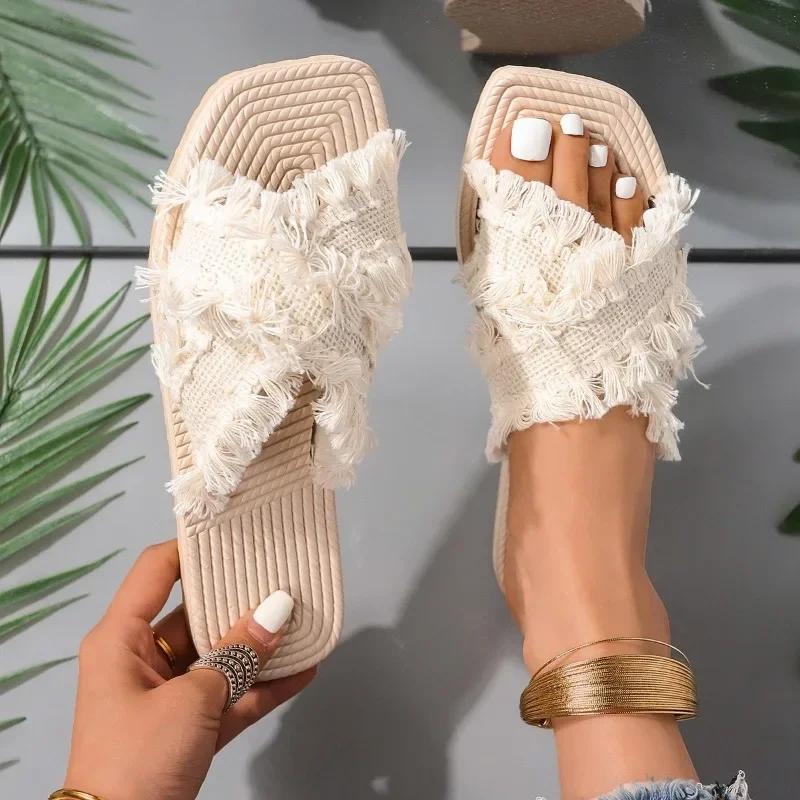 

Fashion New Bohemian Resort Slippers 36-43 Women s Summer Comfort Beach Sandals Cross Tassel Sandals slippers women sandals slipper 43 бежевый
