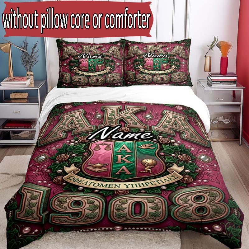 3pcs Duvet Cover Set (1*Duvet Cover + 2*Pillowcase, Without Core), Custom Name Alpha Kappa Alpha Pattern Bedding Set, Home Bedroom Decor Gift