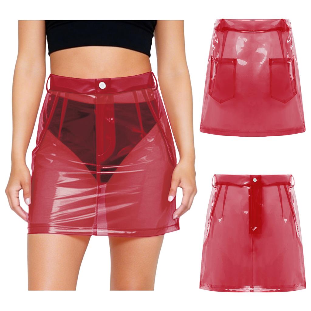 S-XXL Women Clear PVC High Waist Bodycon Mini Skirt with Side Pockets Transparent Cover Up for Swimsuit Beach Clubwear