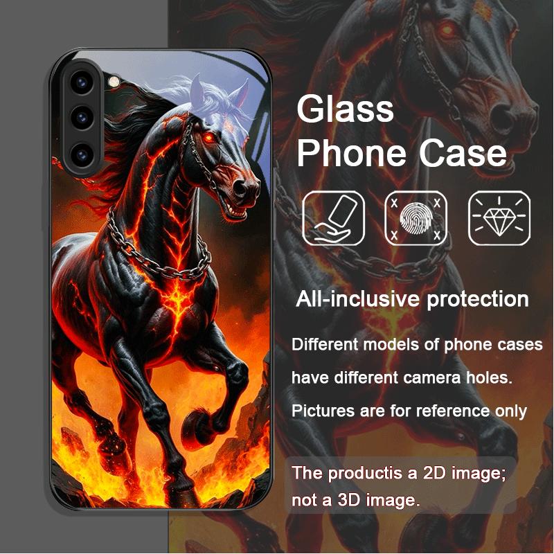 Kreatywne etui ze szkła hartowanego z wzorem czarnego konia i płomieni dla Samsung Galaxy S25 Ultra S24 S23 Plus S22+ S21 S20 FE 5G