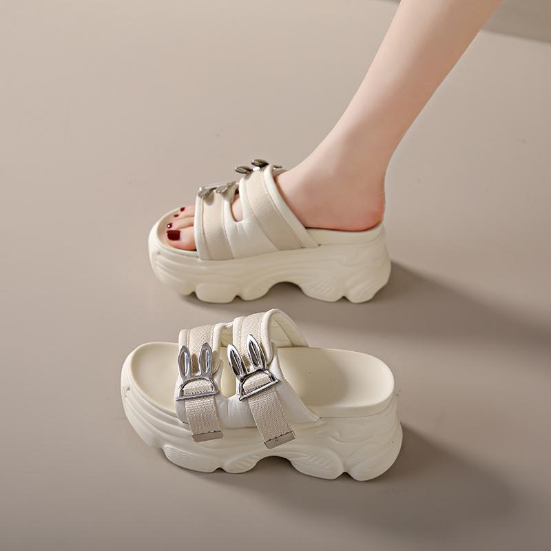 Fashion Woman 8.5CM High Heels Fashion Open Toe Outdoor Beach Slides New Women 2024 Summer Platform Sandals Beige Thick Bottom Slippers