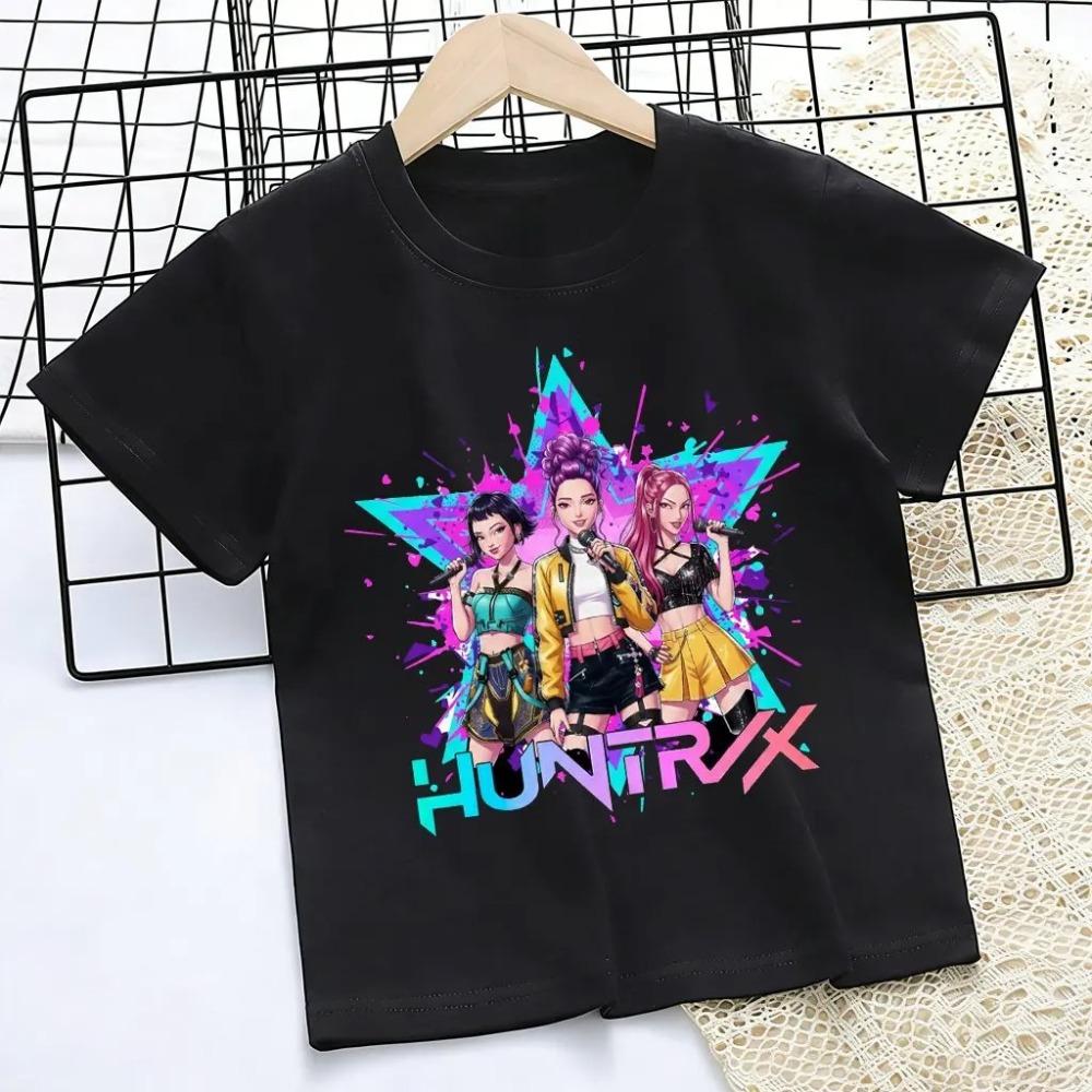 HUNTR/X K-pop Demon Hunters Kids T-Shirt, Unisex Virtual Idol Group Graphic Tee, 100% Cotton Casual Short Sleeve Top for Children