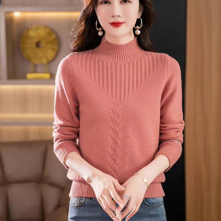 Half Turtleneck Cashmere Sweater Solid-color Long-sleeved Knitted Sweater for Women Casual Thickened Knitwear and Loose Solid-color Pullover