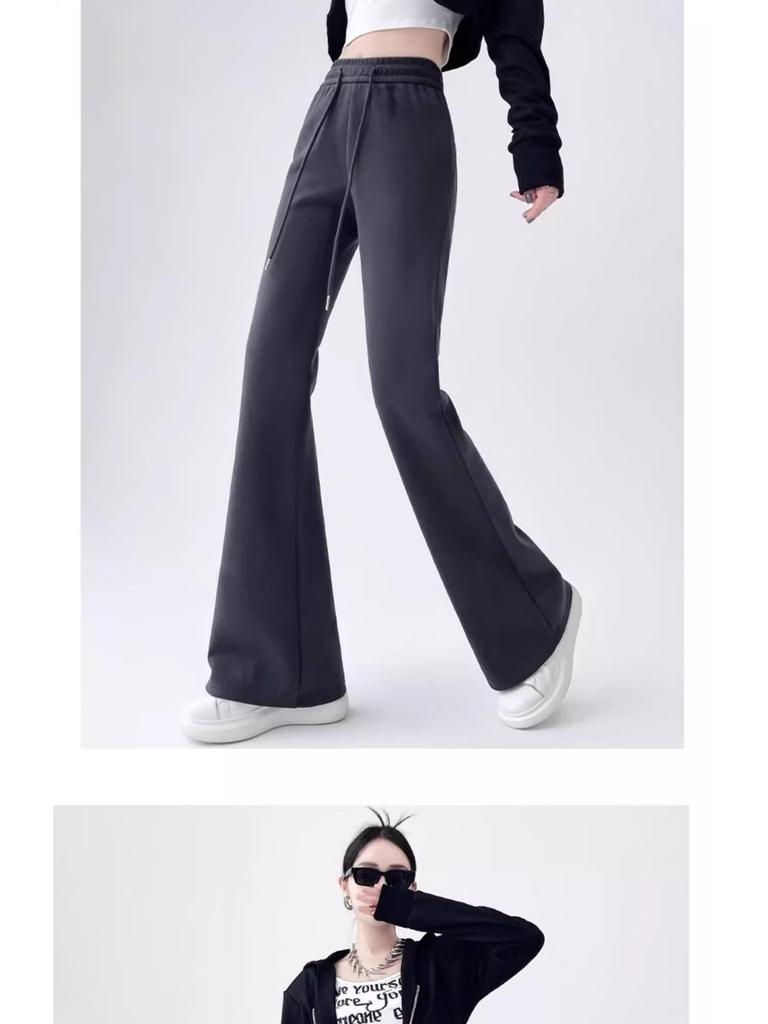 Damskie spodnie dresowe wyszczuplające z wysokim stanem, ze ściągaczem, mikro rozszerzane - Casualowe, podnoszące biodra, fason petite, wiosenny design