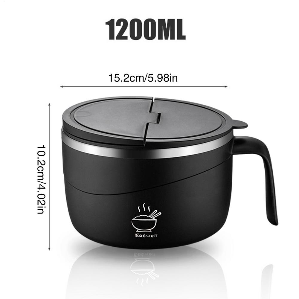 Noodle Bowl Cooker 1200ml Anti-Scalding Soup Mugs with Lid and Fork 304 Stainless Steel Lunch Bowl for Kitchen Pho Soup Pasta