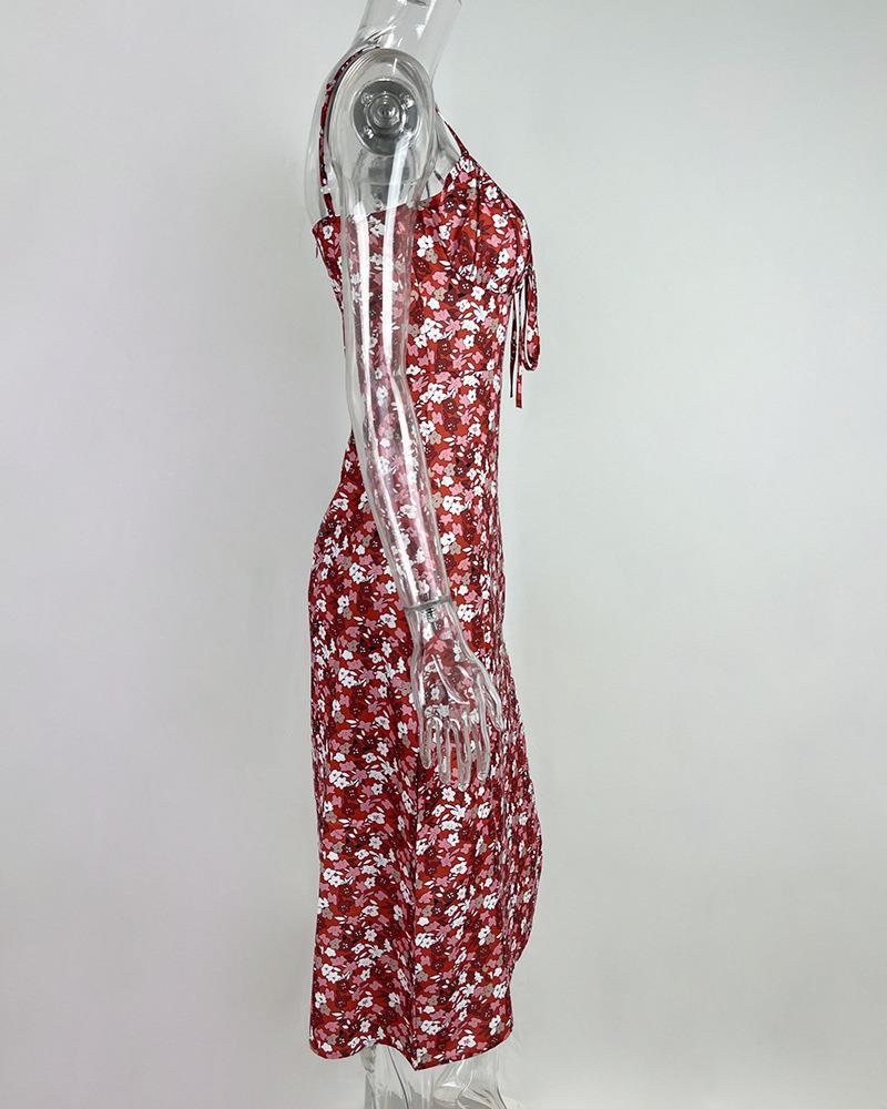 European & American Summer Floral Print Ruched Tie-Up Slit Camisole Dress