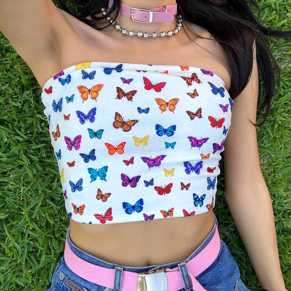 NEW Summer Women Butterfly Pattern Print Top Colorful Slash Neck Tank Strapless Crop Top Camis Summer Casual Outwear