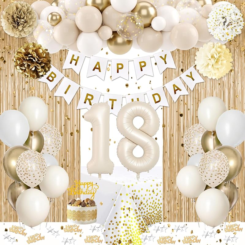 21st Birthday Decorations for Her, Happy 21st Bday Decorations White and Gold Balloons Happy Birthday Banner Tablecloth Fringe Curtain Cake Topper