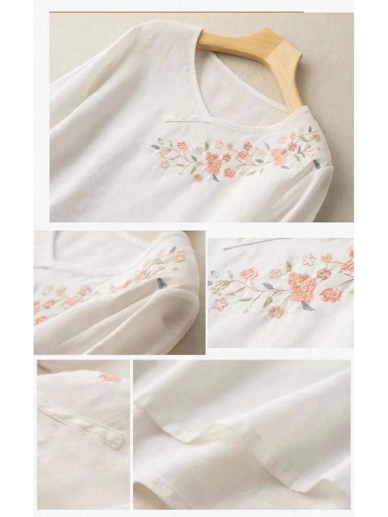 Women's Cotton Linen Embroidered Retro Shirt, Seven-Sleeve with Frog Button, Loose Plus Size Summer Top