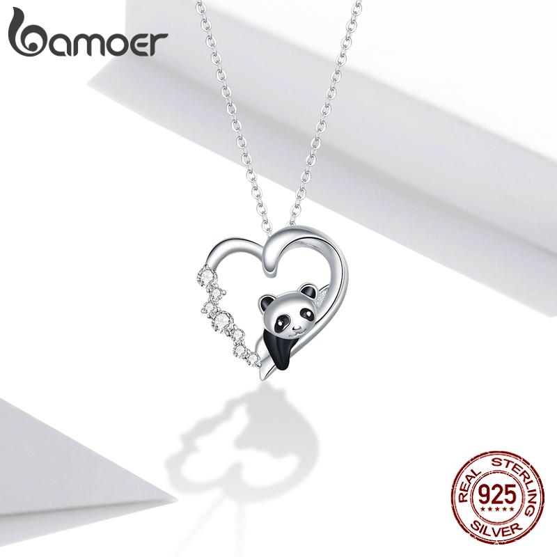 

BAMOER стерлингового серебра 925 пробы игривый ребенок панда кулон ожерелья для женщин регулируемые 17,7 дюймов цепочки ожерелья серебряный