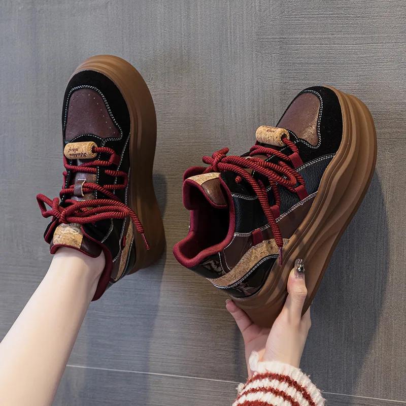 7CM Genuine Leather Platform Wedge Fashion Women Spring Comfy New Autumn Winter Chunky Sneakers Vulcanize Shoes Skateboard Shoes