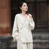 Women Vintage Shirts Tops Solid Color V-Neck Long Sleeve Chinese Style Blouses Autumn Shirts