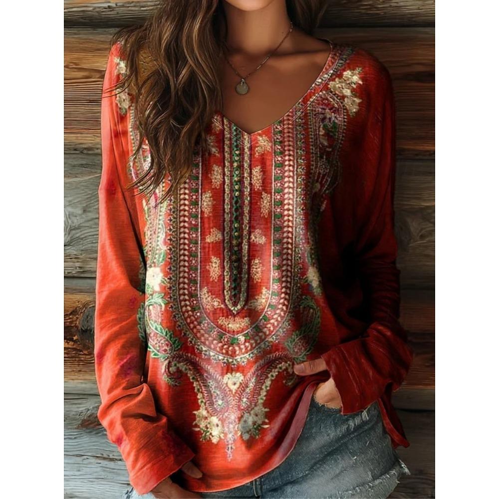 Vintage dámské tričko Květinový grafický potisk Rostliny Elegantní módní tričko Dlouhý rukáv Trička Výstřih do V Běžné topy Pulovr Podzim Zima