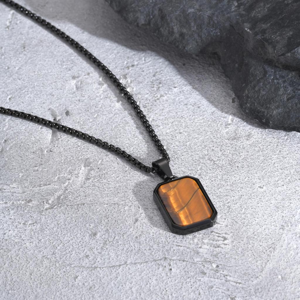 Stainless Steel Rectangle Natural Stone Pendant Necklaces, Minimalist Dainty Chain Necklace, Luxury Fashion Jewelry For Men Gift