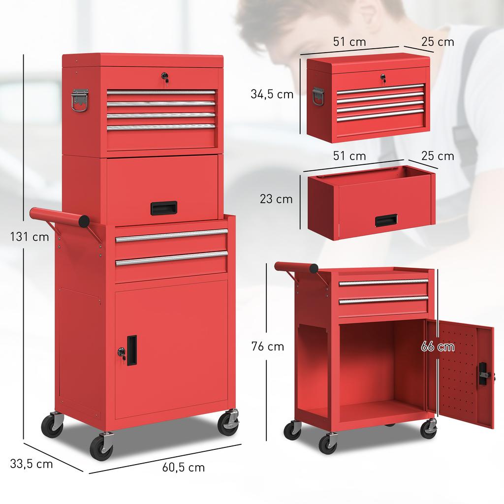 Three-Part Steel Locking Tool Chest - Red
