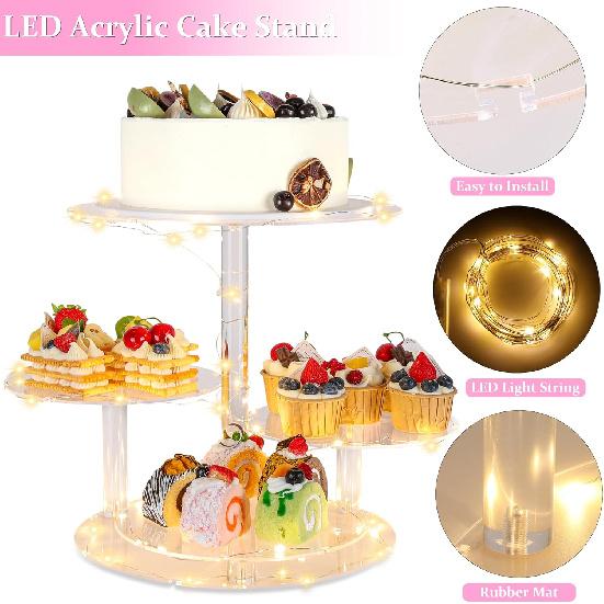 4 Tier Round Acrylic Cake Stand Cupcake Stand Tower Holder with LED Light Dessert Pastry Display Stand for Birthday Wedding Graduation Party Baby