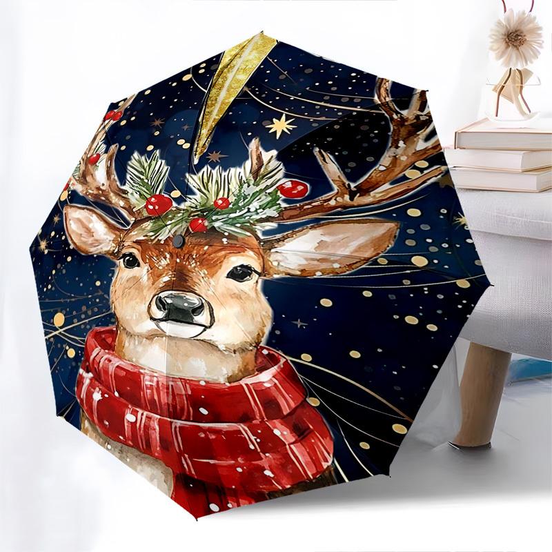

1pc Christmas Deer Design Automatic Opening Folding Umbrella with Red Scarf, Outdoor for Fans, Travelers & Daily Use.B024