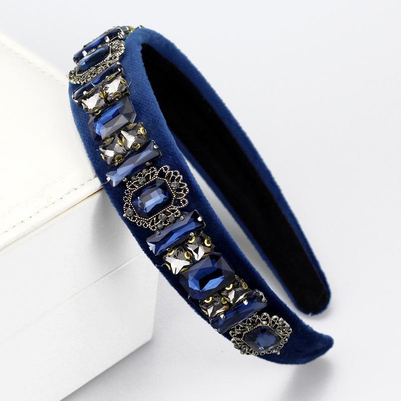 

2026 Navy Blue Rhinestone Handmade Retro Headband Flower Pearl Headband Gorgeous Hair Accessories
