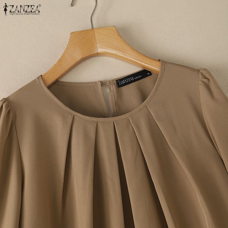 ZANZEA Women Elegant O Neck 3/4 Sleeve Pleated Tops Casual Solid Color Work Office Blouse